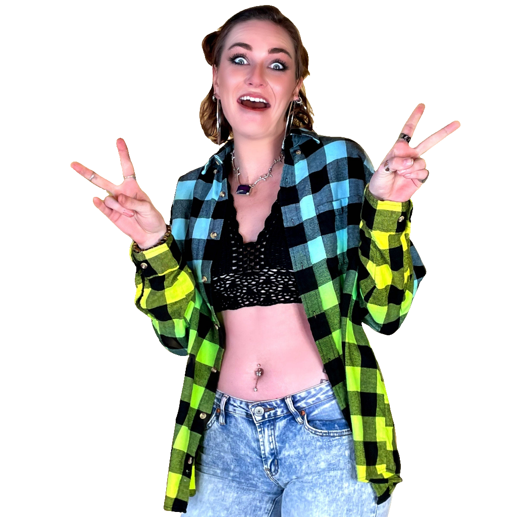 Oversized Tie Dye Cali Flannel - Custom Neon Blue Green Yellow Color Fuse Buffalo Plaid Shirt