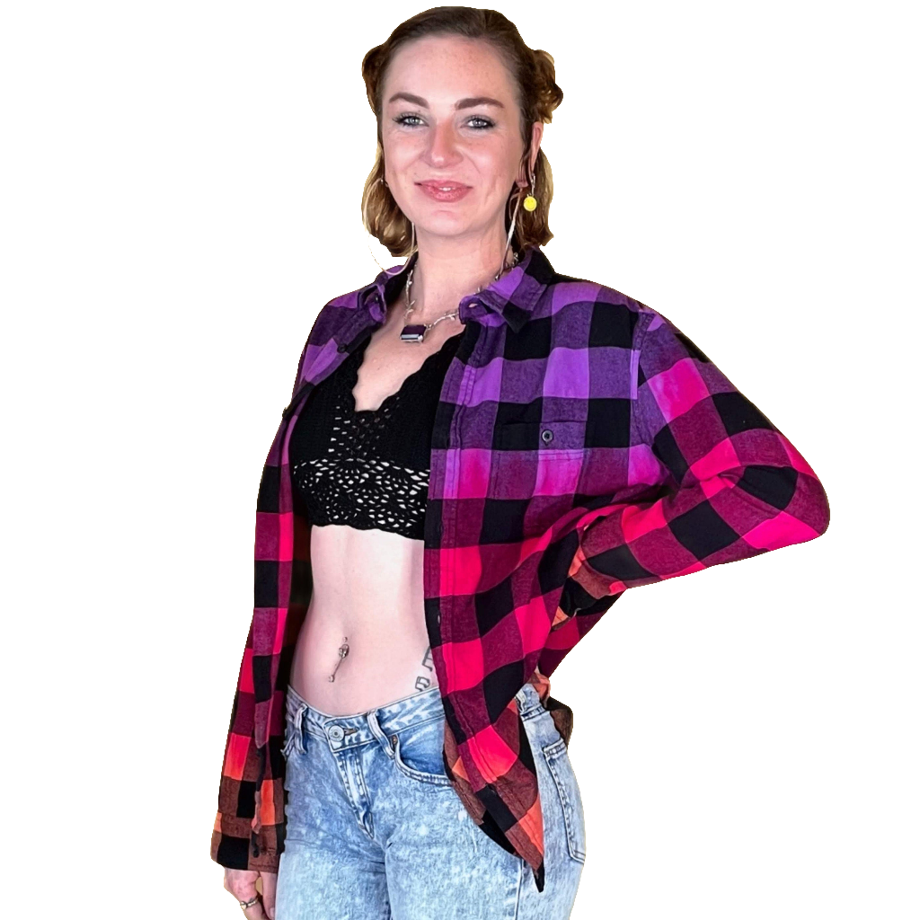 Oversized Purple Hot Pink Orange Flannel - Women's Tie Dye Color Fuse Buffalo Plaid Shirt