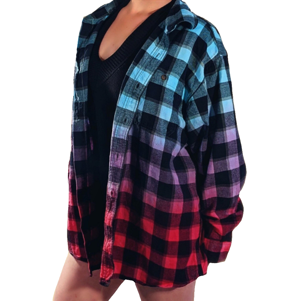 Oversized Blue Purple Hot Pink Flannel - Women's Gradient Color Fuse Buffalo Plaid Shirt