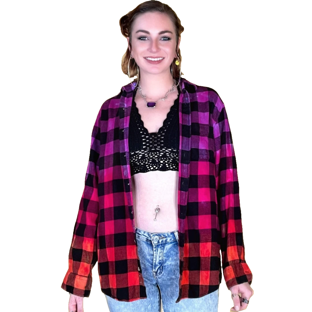 Oversized Purple Hot Pink Orange Flannel - Women's Tie Dye Color Fuse Buffalo Plaid Shirt