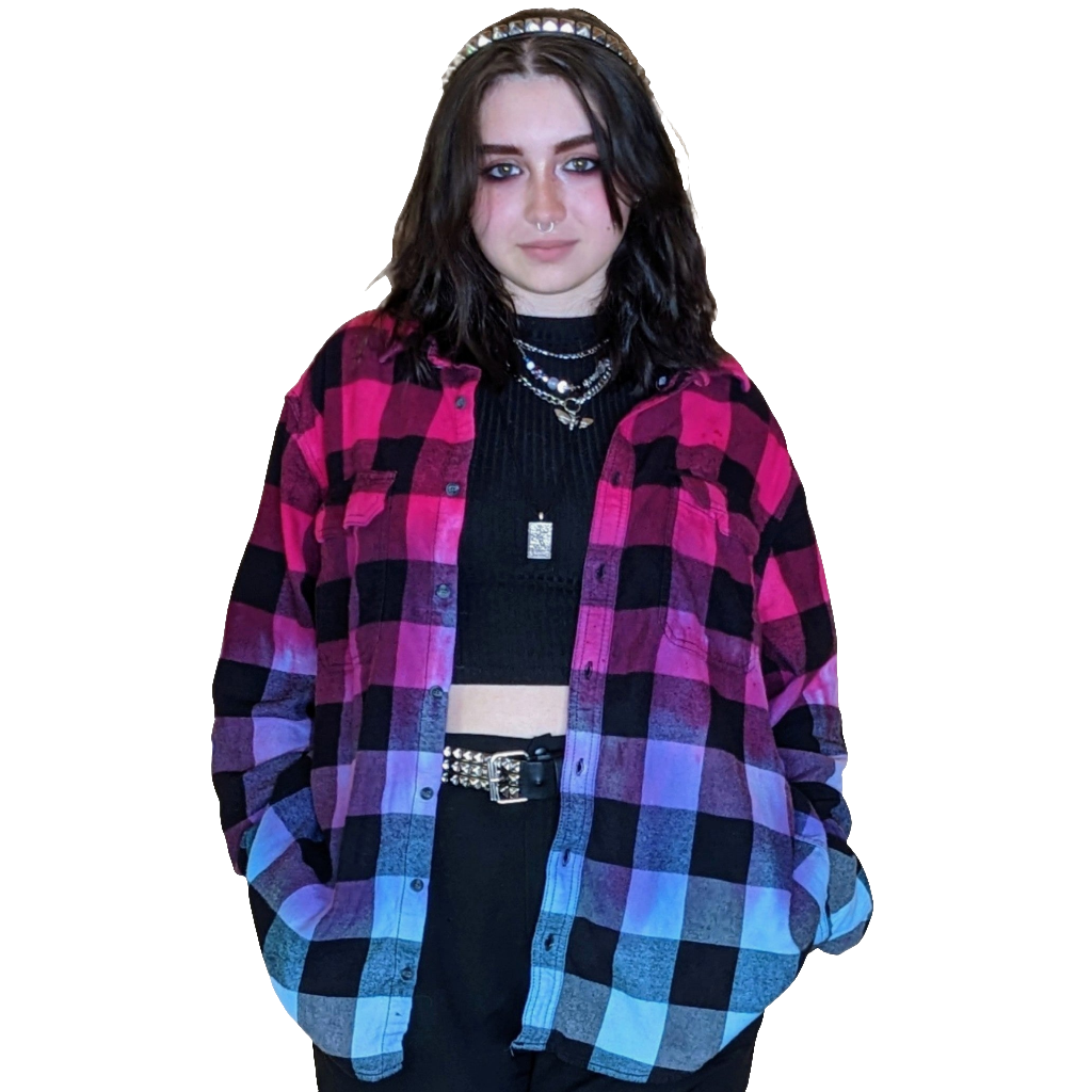 Women's Tie Dye Flannel - Oversized Hot Pink Purple Blue Color Fuse Buffalo Plaid Shirt