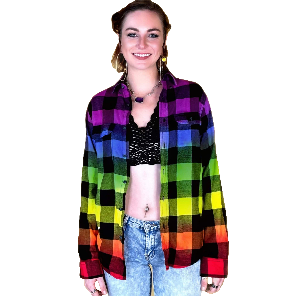 Tie Dye Rainbow Flannel - Purple Pride Flag Buffalo Plaid Shirt