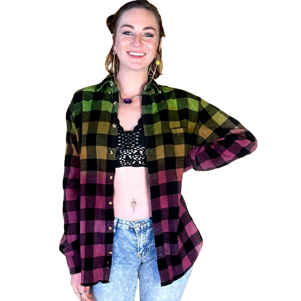 Oversized Grunge Flannel - Earth Tone Tie Dye Rasta Buffalo Plaid Shirt