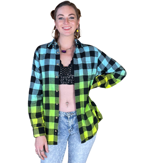 Oversized Tie Dye Cali Flannel - Custom Neon Blue Green Yellow Color Fuse Buffalo Plaid Shirt