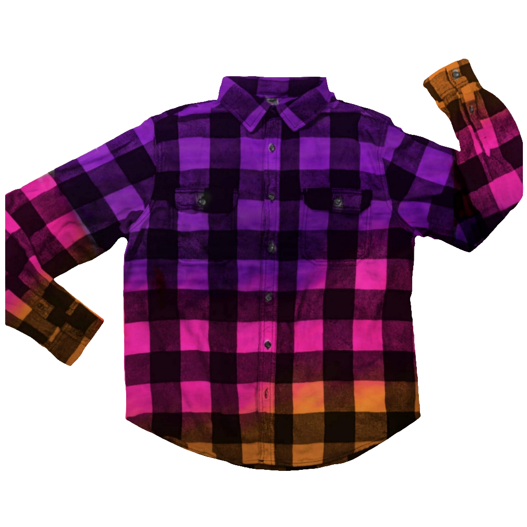 Men's Purple Pink Orange Flannel - Custom Tie Dye Color Fuse Buffalo Plaid Shirt