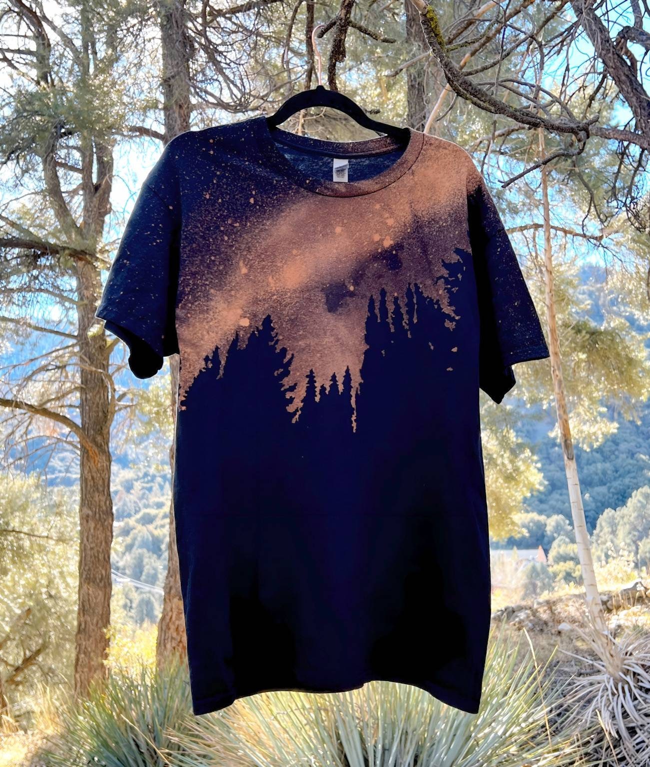 Handmade Acid Wash Forest Graphic Tee - Galaxy Camping Under the Night Sky Bleach Splatter Shirt - Oversized Pine T Shirt - Hiking Tie Dye