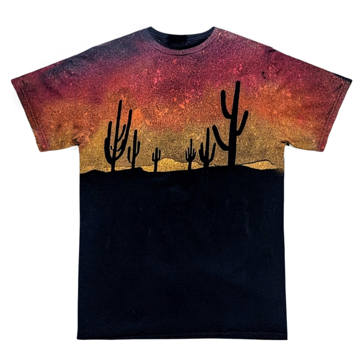 Unique Desert Sunset T Shirt - Cactus Arizona Red, Orange, Yellow Sky Reverse Tie Dye Graphic Tee - Handmade Bleached Distressed Boho Cowboy 90s Grunge Festival