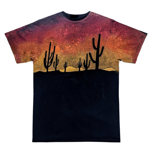 Unique Desert Sunset T Shirt - Cactus Arizona Red, Orange, Yellow Sky Reverse Tie Dye Graphic Tee - Handmade Bleached Distressed Boho Cowboy 90s Grunge Festival