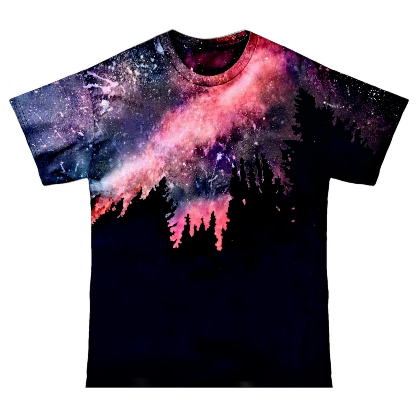 Handmade Galaxy Reverse Tie Dye Graphic Tee - Pink, Purple Milky Way Forest Camping Bleach Acid Wash T Shirt