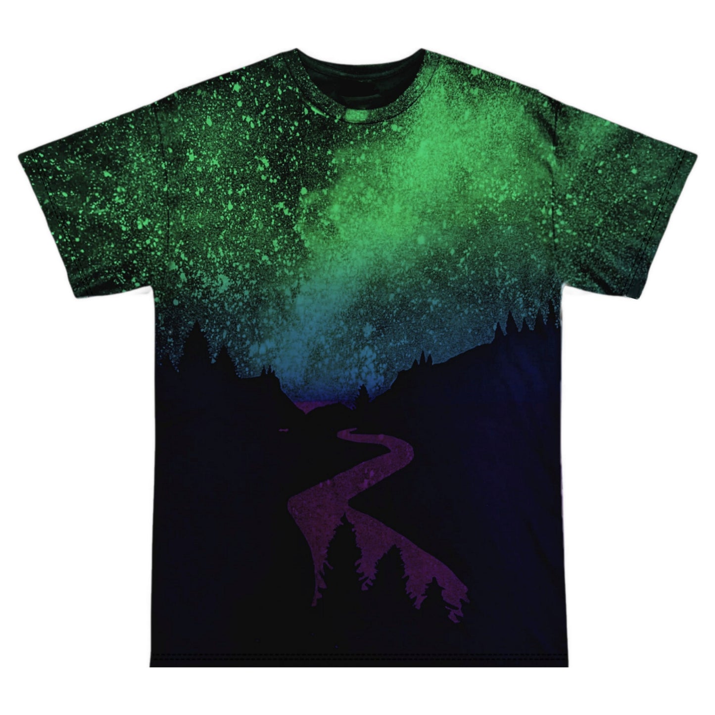 Northern Lights Acid Wash T Shirt - Galaxy Mountain Green, Blue Purple Reverse Tie Dye Bleached Distressed Graphic Tee