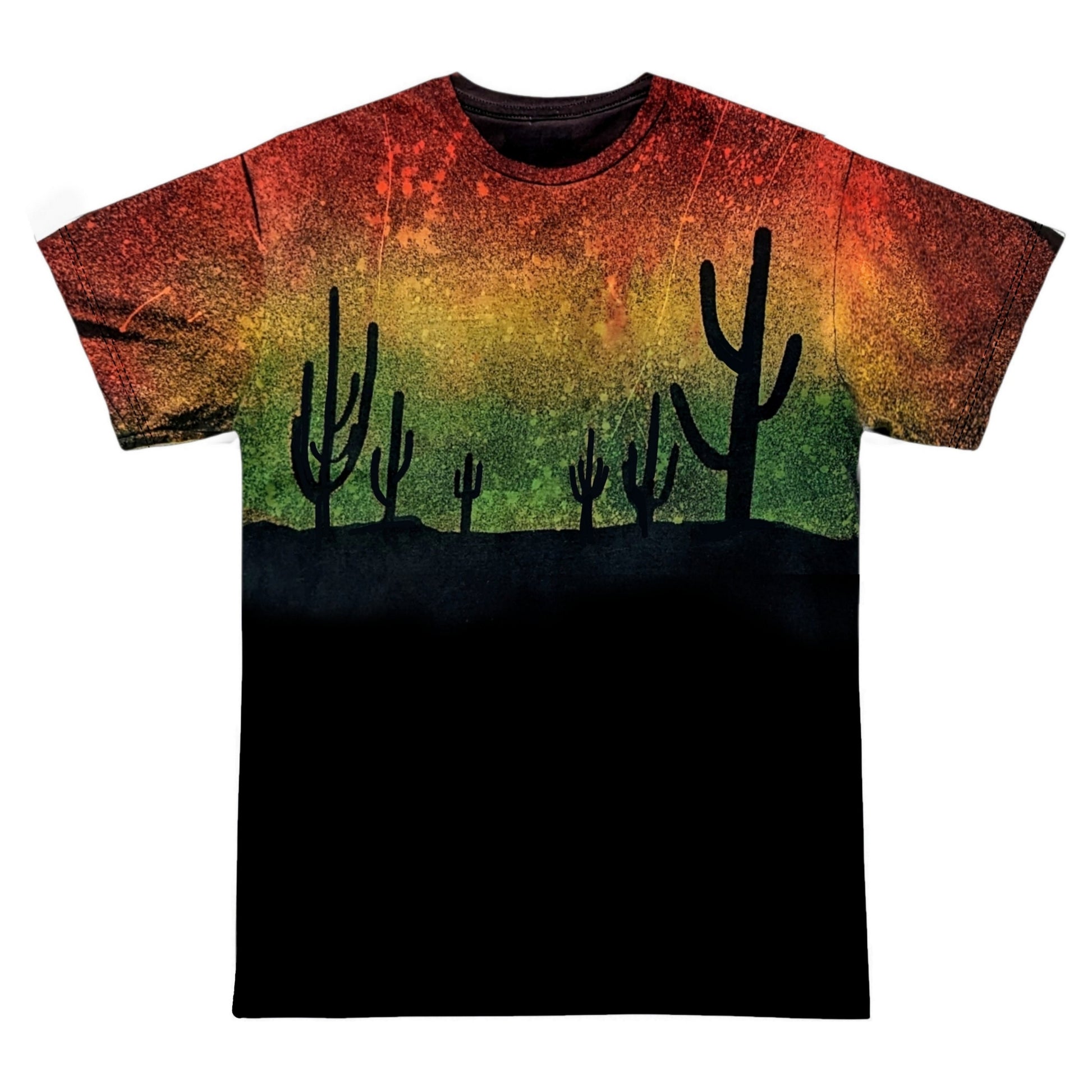 Unique Desert Sunset T Shirt - Cactus Arizona Red, Orange, Yellow Sky Reverse Tie Dye Graphic Tee - Handmade Bleached Distressed Boho Cowboy 90s Grunge Festival