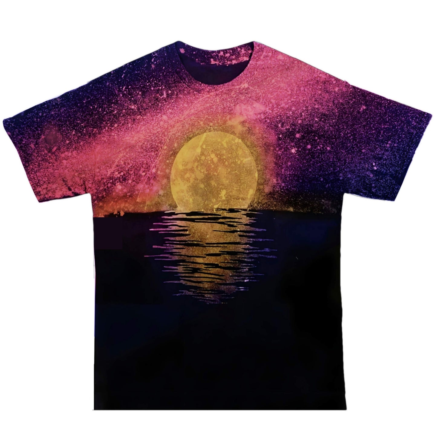 Unique Galaxy Moon Graphic Tee - Handmade Bleach Splatter Acid Wash T Shirt - Pink , Purple Reverse Tie Dye