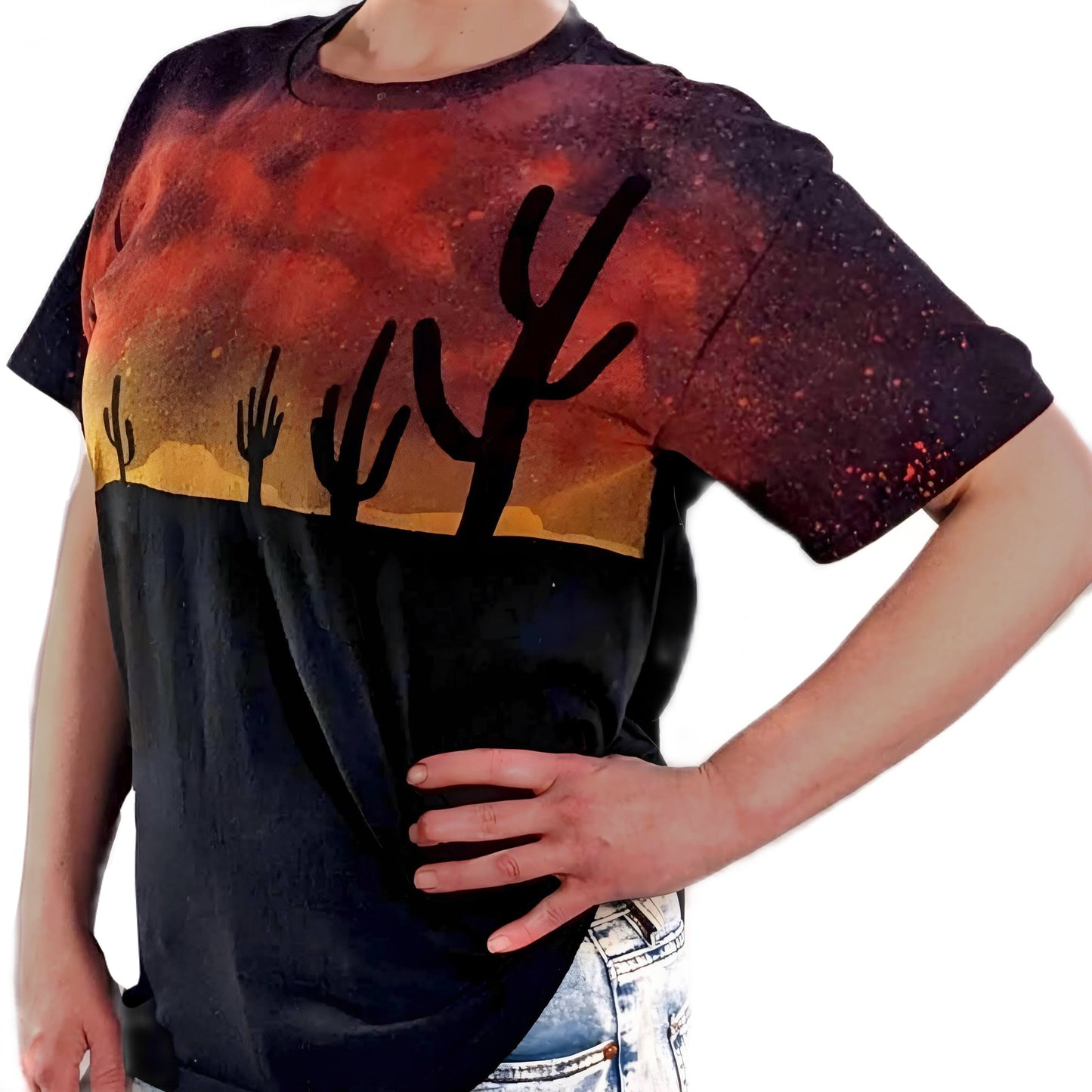 Handmade Cactus Desert Sunset T Shirt Reverse Tie Dye Graphic Tee