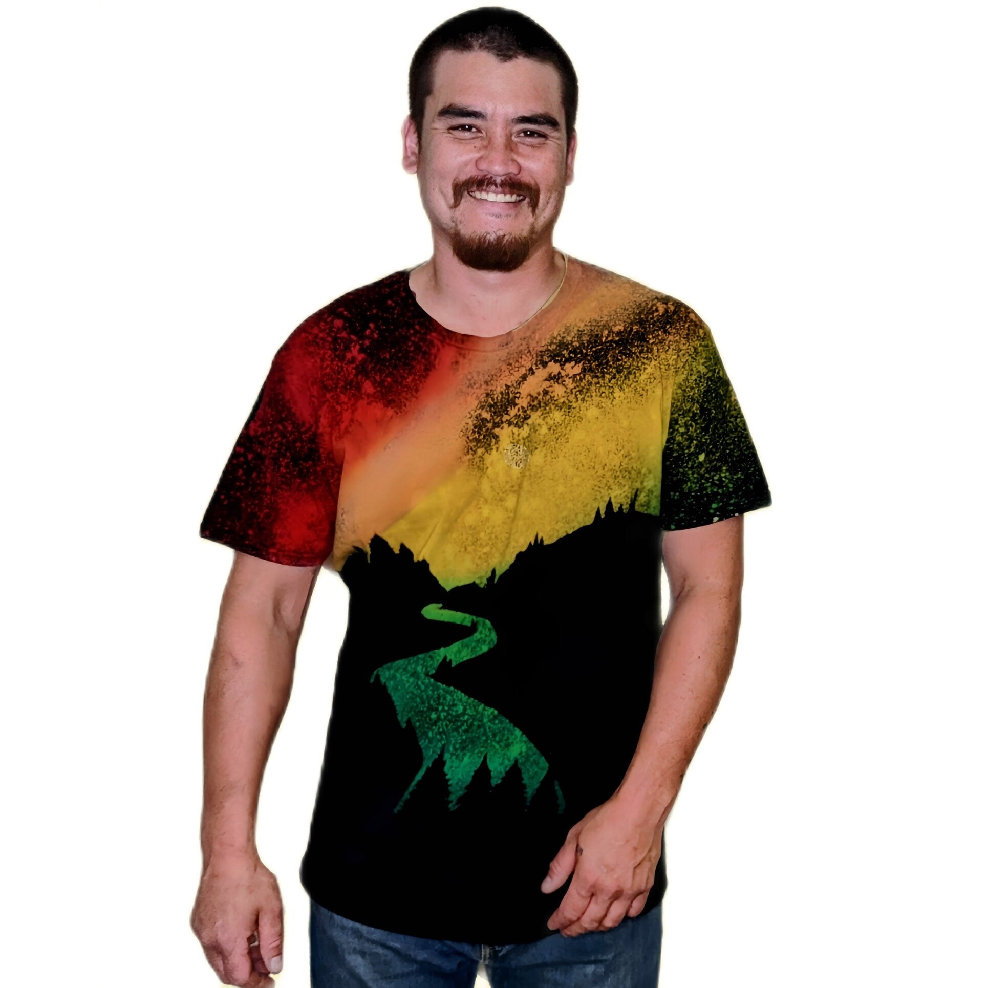 Unique Reverse Tie Dye Rasta Mountain Graphic Tee Acid Wash T Shirt