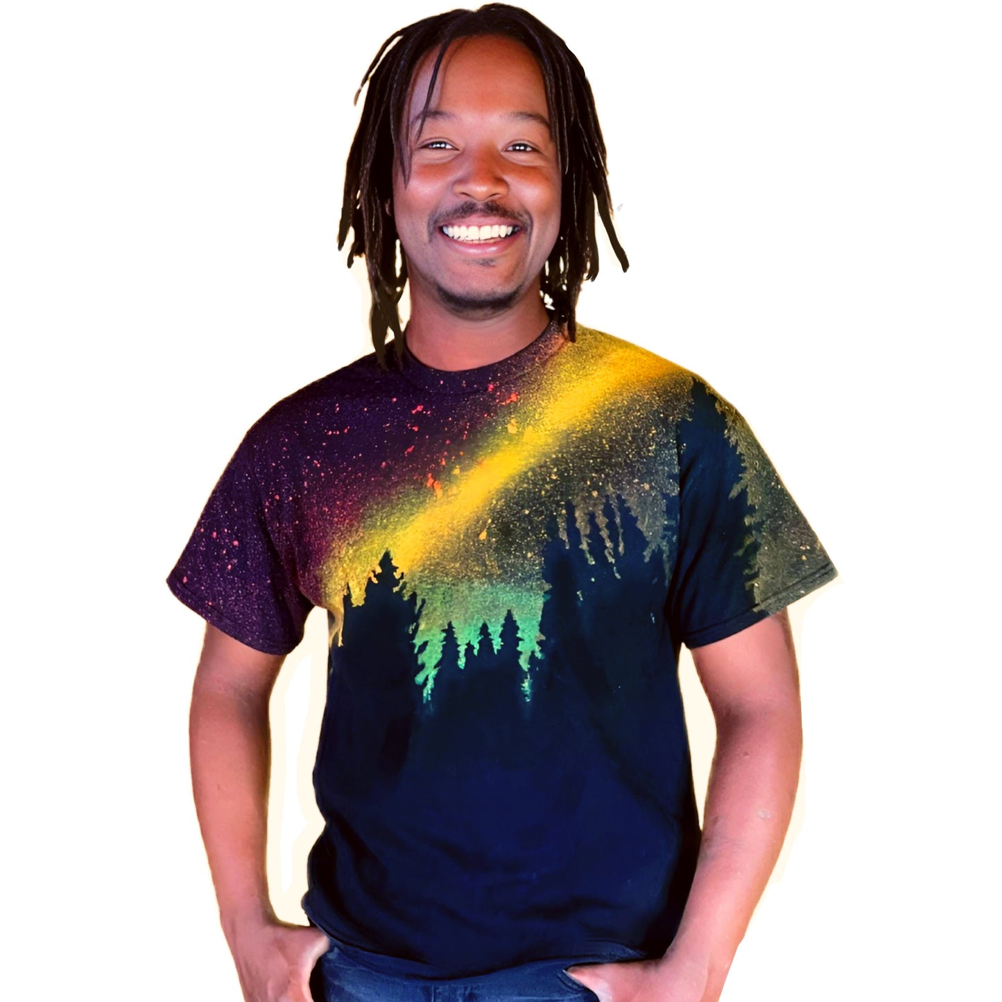 Handmade Reverse Tie Dye Rasta Forest Graphic Tee Acid Wash T Shirt