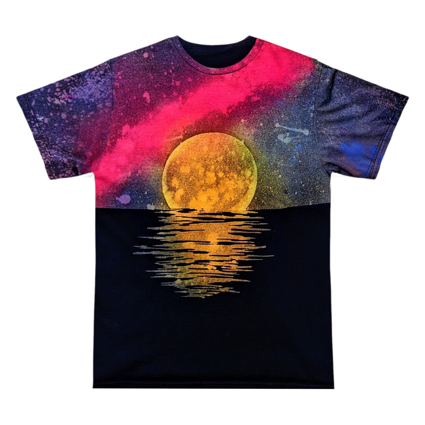 Handmade, Unique, Quality Black 100% Cotton Moon Galaxy Water T-shirt made to order with original artwork stencil and bleach. Handmade Ocean Acid Wash, Reverse Tie Dye pink and purple fiber reactive dye One of a Kind Graphic Tee. Soft Preshrunk Unisex Crewneck Shirt. Comfortable, sturdy and durable. Machine washable