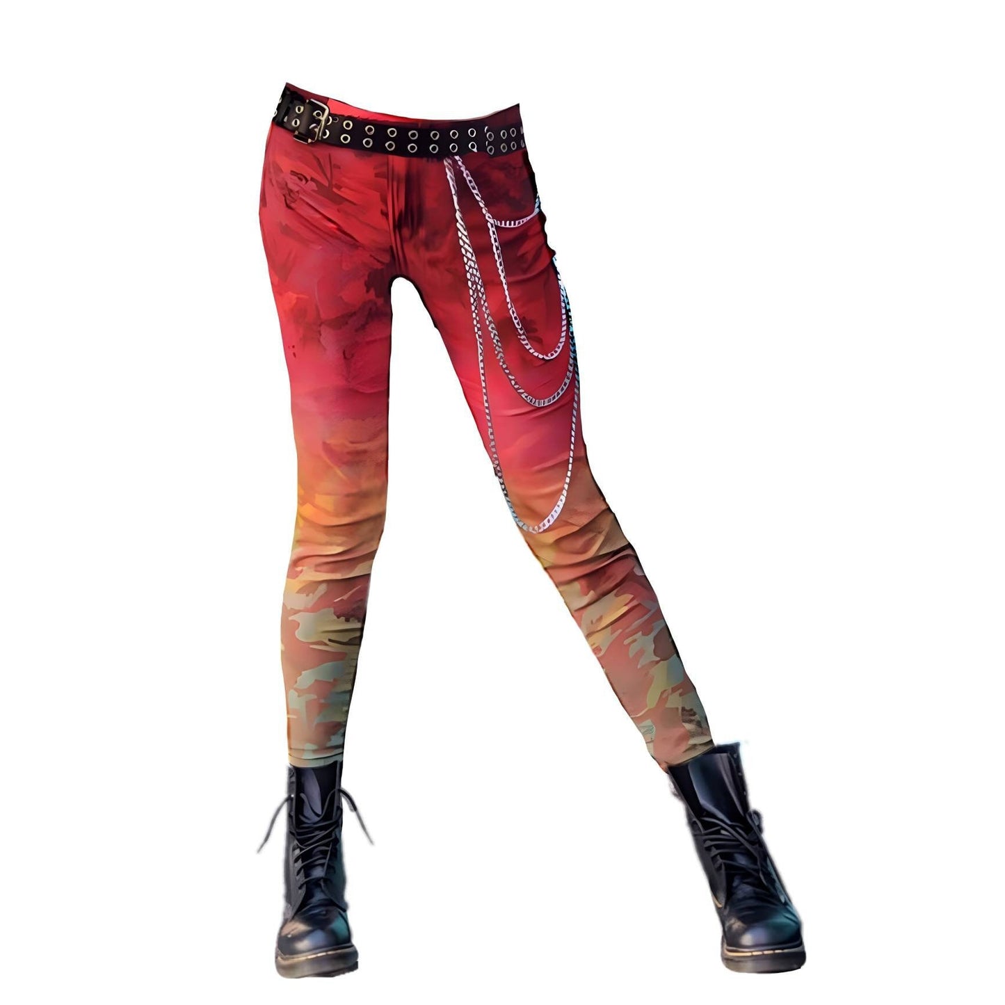 Tie Dye Camo Skinny Jeans, High Waisted Dip Dye Camouflage Cropped Pants Rave Outfit Distressed Bleach Red Yellow Green Rainbow Rasta Unique