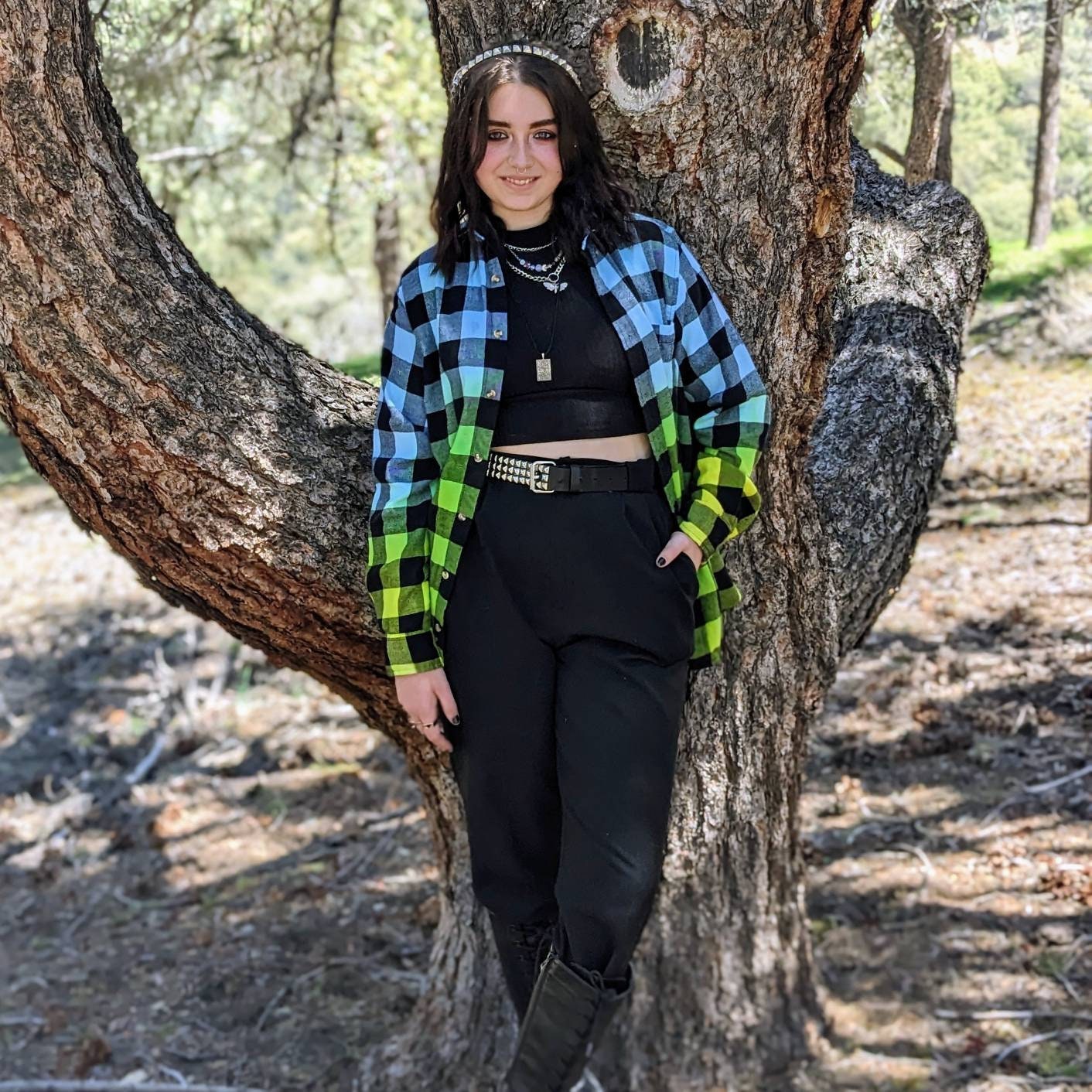 90s Oversized Neon Blue, Green, Yellow Tie Dye Plaid Flannel Shirt. Dip Dye Gradient California Hippie Surfer Flannel is Handmade with quality fiber reactive dyes for color that lasts.100% Cotton Soft Flannel Fabric, Collar Neckline,  Button Closure, Long Sleeves, front pocket, Machine washable, Unisex