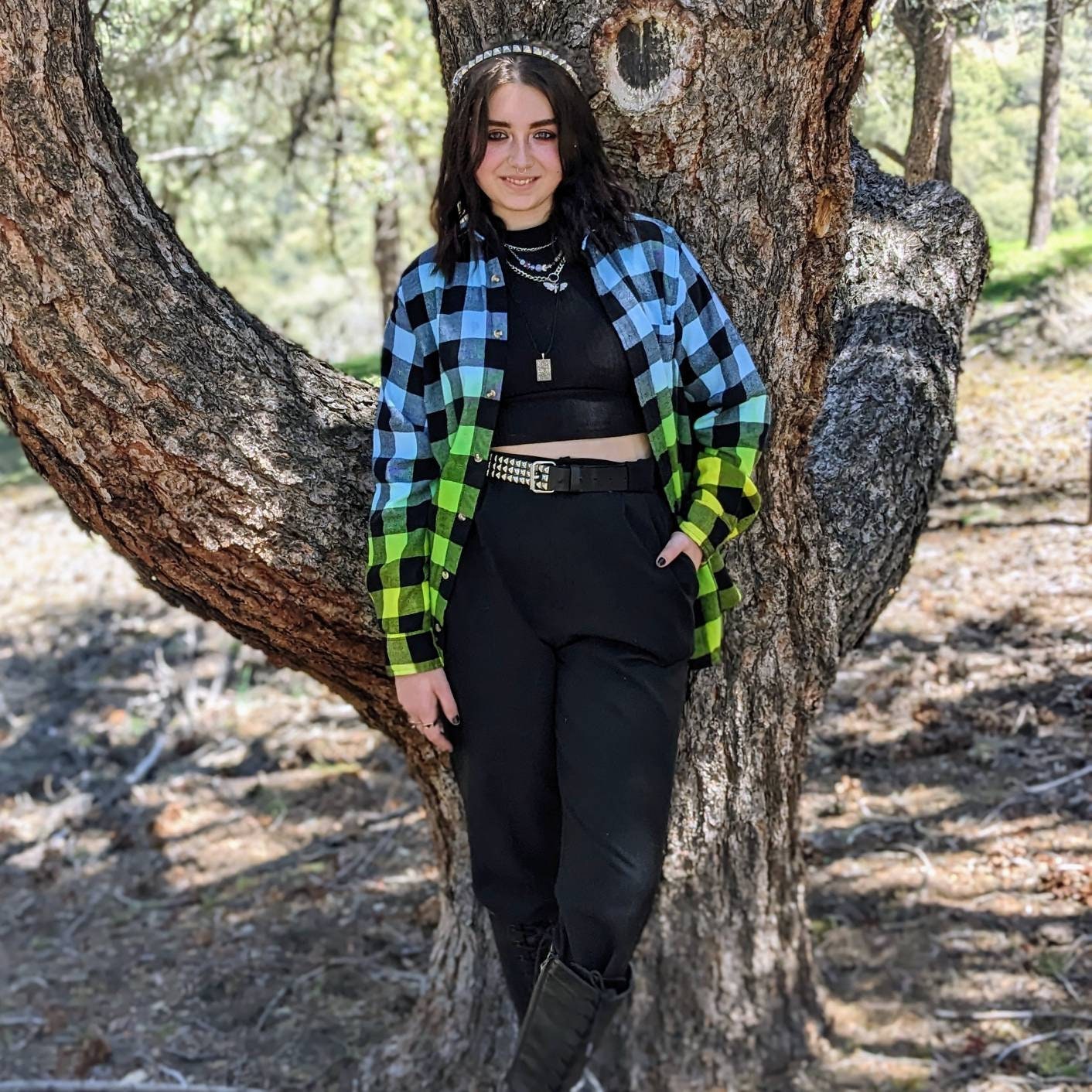 90s Oversized Neon Blue, Green, Yellow Tie Dye Plaid Flannel Shirt. Dip Dye Gradient California Hippie Surfer Flannel is Handmade with quality fiber reactive dyes for color that lasts.100% Cotton Soft Flannel Fabric, Collar Neckline,  Button Closure, Long Sleeves, front pocket, Machine washable, Unisex
