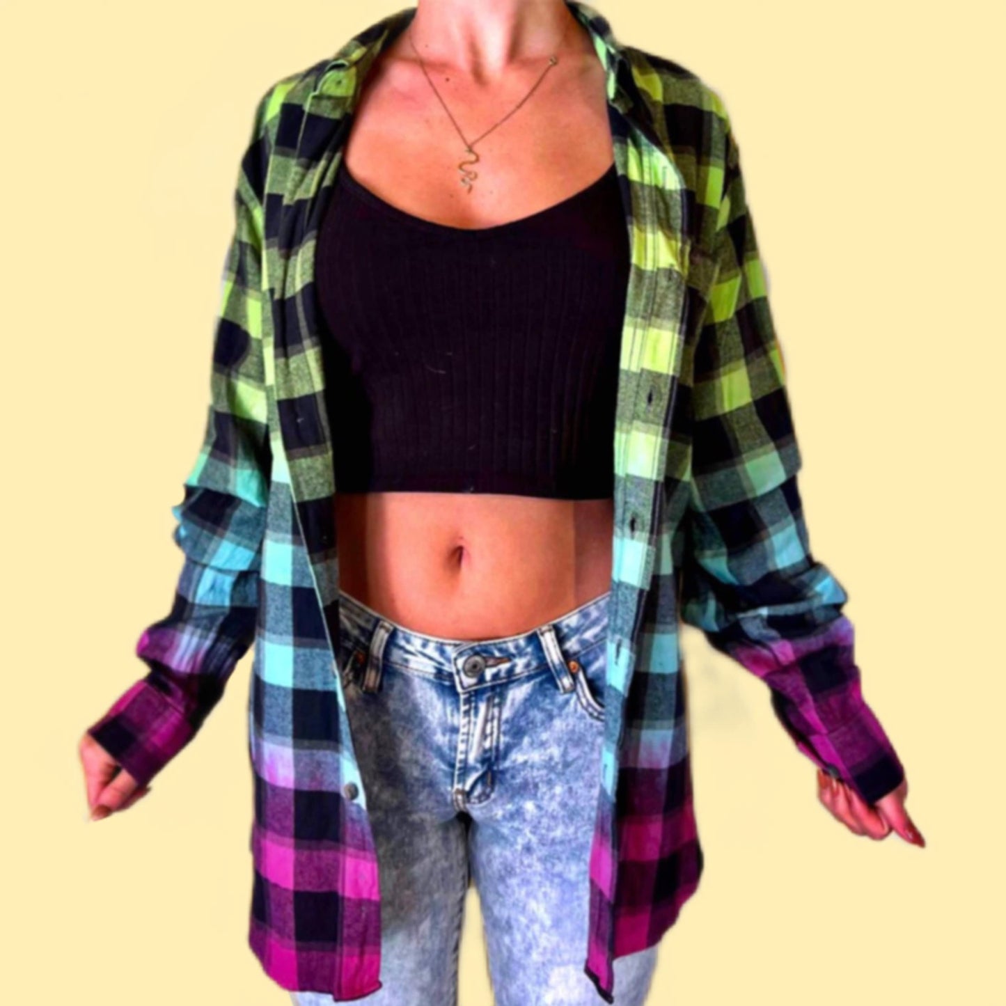 Oversized Neon Green, Blue, Purple Tie Dye Plaid Flannel Shirt. Unique Dip Dye Gradient Flannel is Handmade with quality fiber reactive dyes for vibrant color that lasts.100% Cotton Soft Flannel Fabric, Collar Neckline,  Button Closure, Long Sleeves, front pocket, Machine washable, for men and women