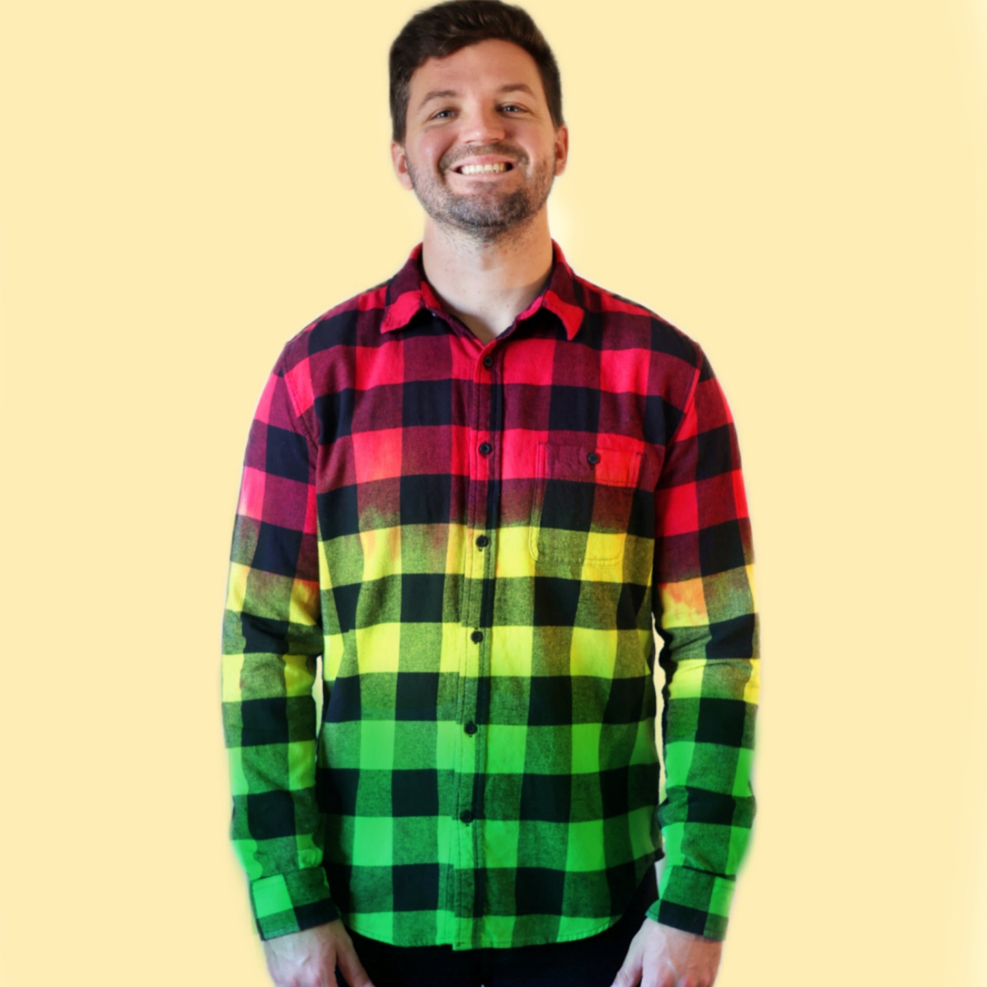 Rasta Tie Dye Plaid Flannel Shirt for men and women. Reggae Dip Dye Gradient Flannel is Bright and unique. Handmade with quality fiber reactive dyes for vibrant red yellow green colors that lasts.100% Cotton Soft Flannel Fabric, Collar Neckline,  Button Closure, Long Sleeves, front pocket, Machine washable