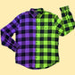 Half Neon Green, Purple Tie Dye Buffalo Plaid Flannel Shirt. Bright, unique Oversized Grunge Color Block Flannel. Handmade with quality fiber reactive dyes for vibrant color that lasts.100% Cotton Soft Flannel Fabric, Collar Neckline,  Button Closure, Long Sleeves, front pocket, Machine washable, unisex