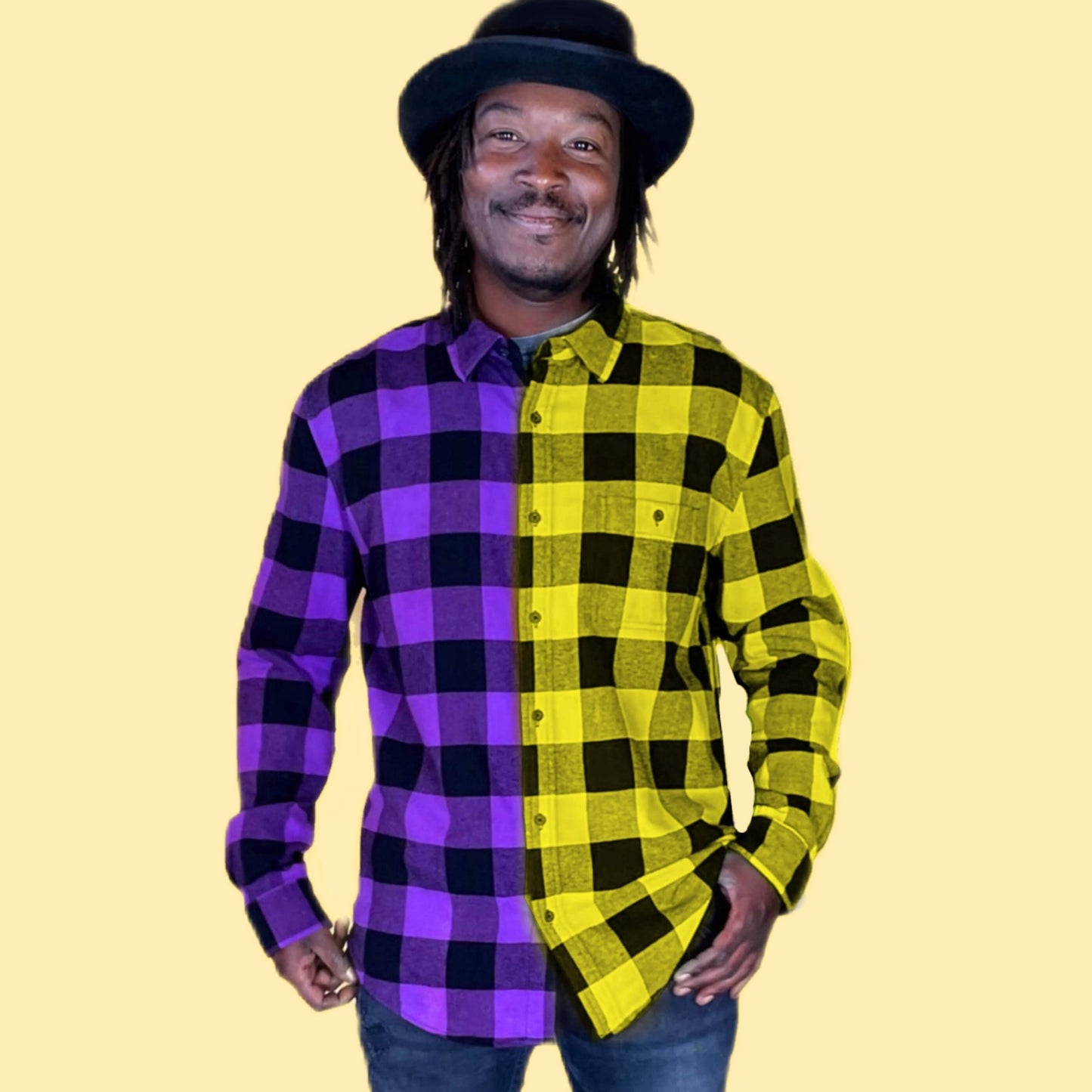 Half Neon Yellow, Purple Tie Dye Buffalo Plaid Flannel Shirt for men and women. Color Block Flannel is Bright and unique. Handmade with quality fiber reactive dyes for vibrant color that lasts.100% Cotton Soft Flannel Fabric, Collar Neckline,  Button Closure, Long Sleeves, front pocket, Machine washable