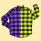Kollideoscope Custom Clothing Handmade Purple Yellow Tie Dye Plaid Flannel Shirt color block Unisex