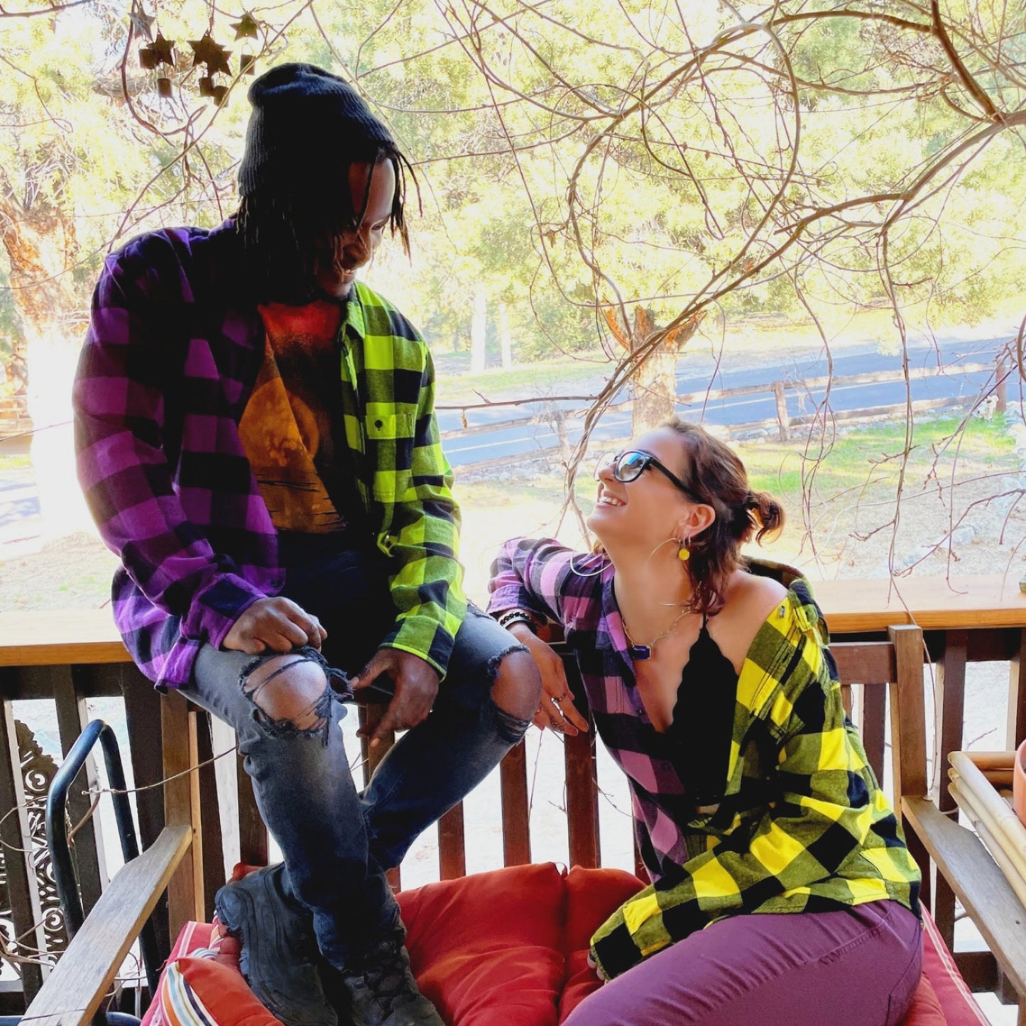 Purple and Neon Yellow Flannel - Women's Tie Dye Color Split Buffalo Plaid Shirt