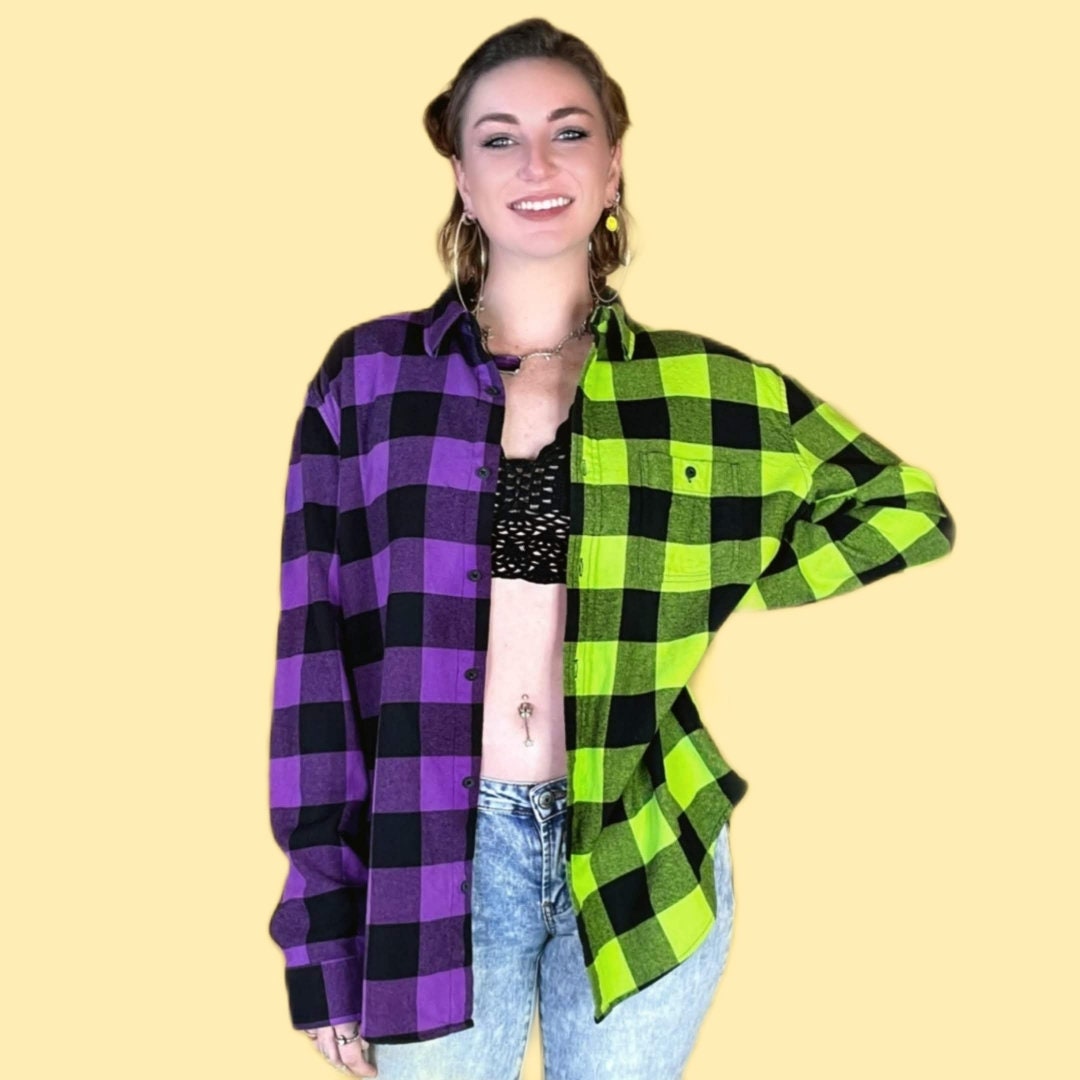 Purple & Neon Green Flannel - Womens Tie Dye Buffalo Plaid Shirt –  Kollideoscope